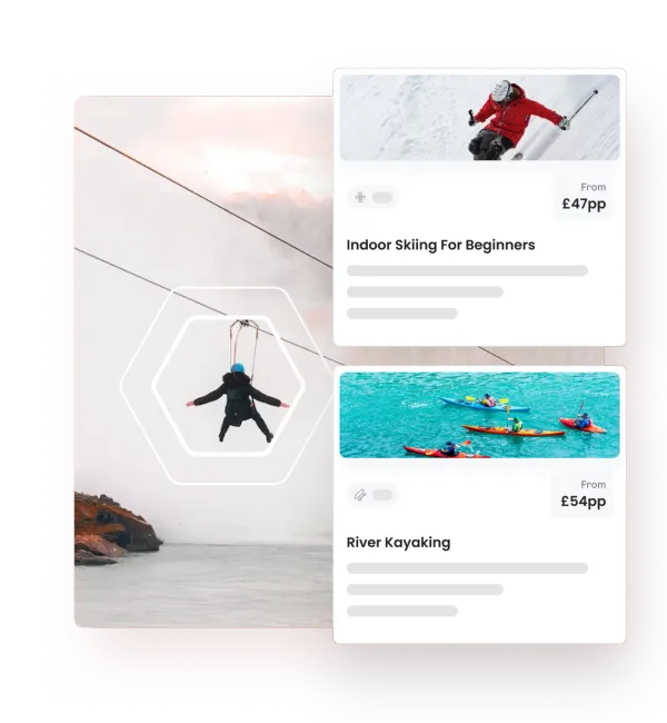 eola activity cards for indoor skiing and river kayaking beside a photo of someone flying down a zip line