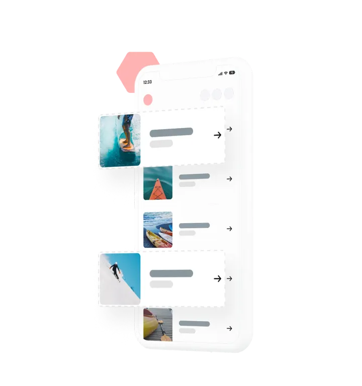 eola’s activity list on a phone, its cards being lifted out and rearranged beside photos of surfing, kayaking and skiing