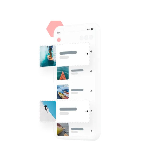 eola’s activity list on a phone, its cards being lifted out and rearranged beside photos of surfing, kayaking and skiing