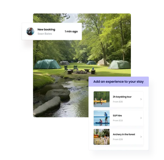 An ‘add an experience to your stay’ panel offering kayaking, paddleboard hire and archery, beside tents pitched in woodland by a stream