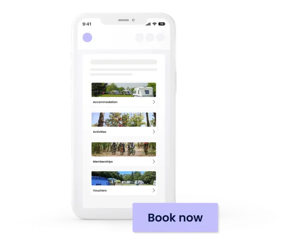 A phone listing accommodation, activities, memberships and vouchers in one eola booking widget, with a book now button beside it