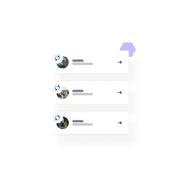 Three members in a list, each with a recurring-payment badge on their photo, billing cycling round on its own
