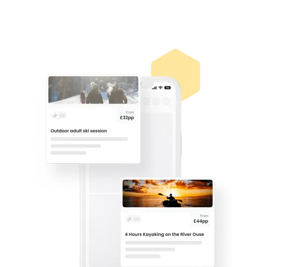Two activity listings built in eola — an outdoor ski session and a kayaking trip on the River Ouse — each with its own photo and price