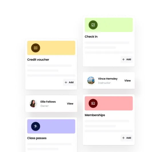 eola features waiting to be added to a centre: credit vouchers, check in, memberships and class passes, beside two team profiles