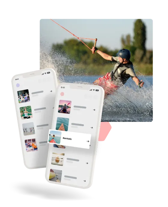 eola’s activity listings on two phones, in front of a wakeboarder mid-jump