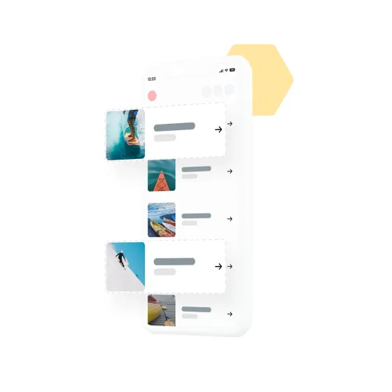 eola’s activity list on a phone, cards for surfing, kayaking and skiing being lifted out and rearranged