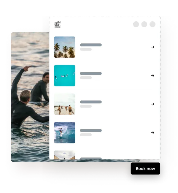 eola’s booking list on a surf school’s website, activities above a Book now button, over surfers waiting on the water