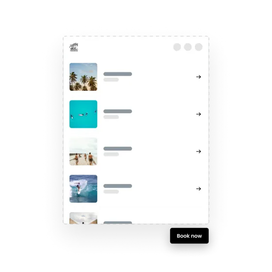 eola’s booking widget on an activity provider’s website, listing tours to choose from above a Book now button