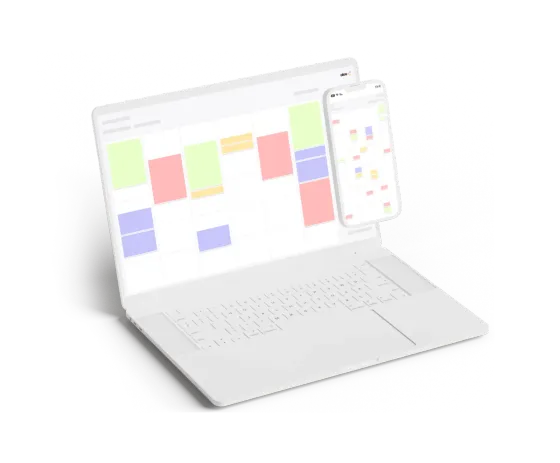 The eola calendar on a laptop and a phone, with bookings colour-coded by type