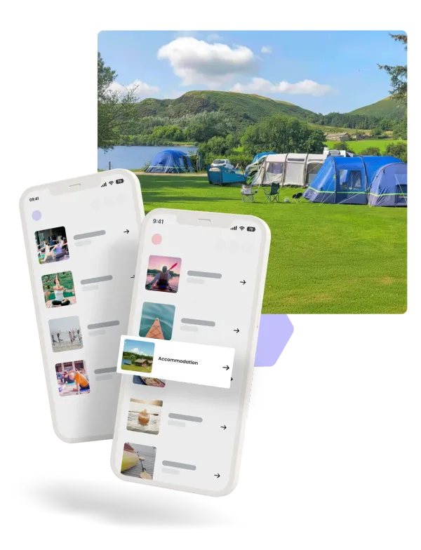 Two phones showing eola’s booking list with an accommodation card lifted out, over a photo of tents pitched beside a lake below green hills