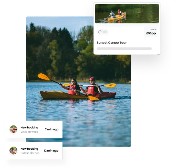 Two people paddling a kayak on a lake, beside a Sunset Canoe Tour listing and two new booking alerts