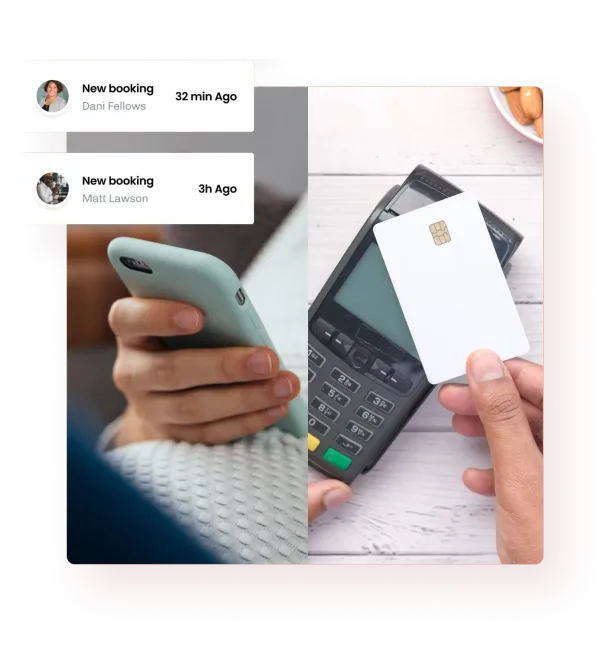 New booking alerts arriving on a phone beside a customer paying by card on a reader at the front desk