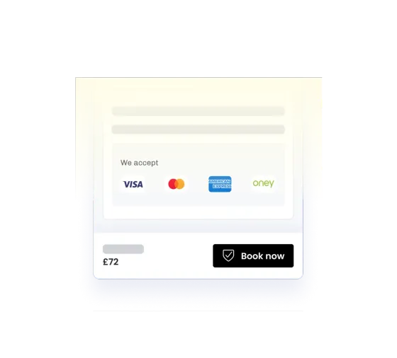 An eola checkout accepting Visa, Mastercard, American Express and Oney, with a £72 total and a Book now button