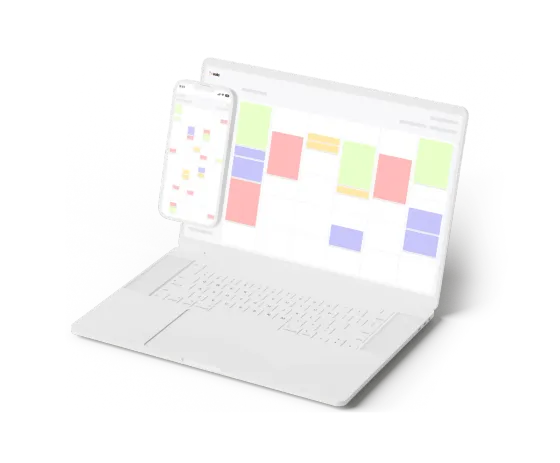 The eola calendar on a laptop and a phone, a week of surf school bookings colour-coded by type