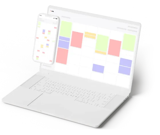 A laptop and a phone side by side, both showing a week of colour-blocked bookings in the eola calendar