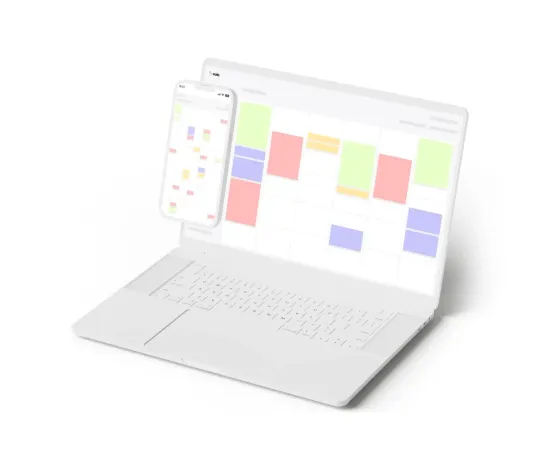 The eola calendar on a laptop and a phone, a week of centre bookings colour-coded by type