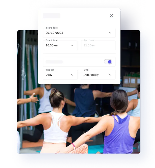 eola’s class scheduling panel over a photo of a yoga class mid-stretch, set to repeat daily and run indefinitely