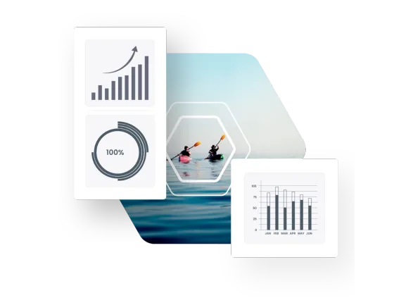 A rising sales chart, a completion dial and a month-by-month report over a photo of two kayakers