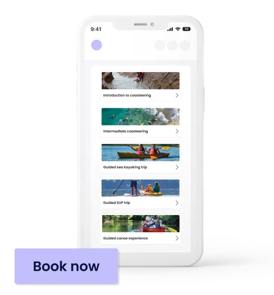 eola’s booking widget on a phone, listing coasteering, sea kayaking, SUP and canoe trips with a book now button