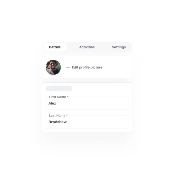 A profile in eola open on its details tab, with a photo and first and last name fields filled in