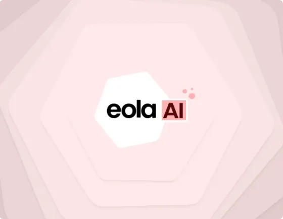 The eola AI wordmark on a white hexagon, ringed by layered pink hexagons