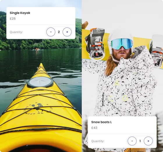 A kayak and a pair of snow boots offered as hire extras, each with a quantity picker for adding kit to a booking