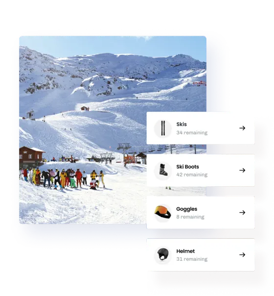 A busy ski slope beside a list of skis, boots, goggles and helmets showing how many of each remain