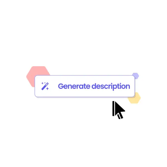 A cursor clicking eola’s Generate description button, ringed by pink, lavender and yellow hexagons