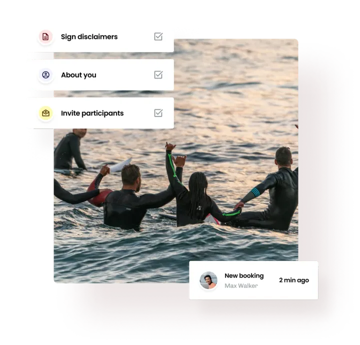 Surfers in the water with their arms in the air, beside eola’s sign-up steps and a new booking notification
