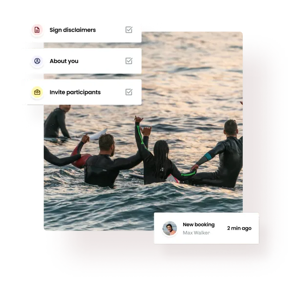 Surfers in the water with their arms in the air, beside eola’s sign-up steps and a new booking notification