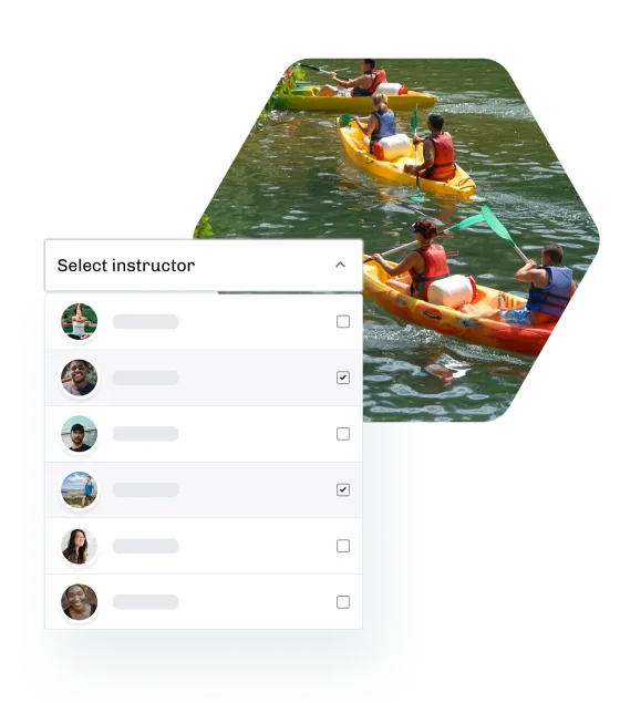 Three kayaks paddling down a river, beside an eola list for choosing which instructors take a session