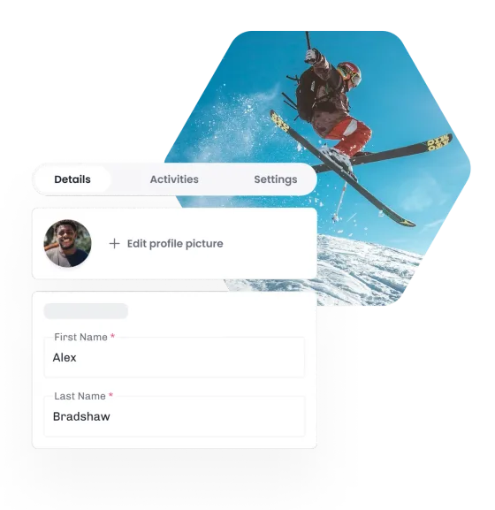 A skier mid-jump, beside an eola instructor profile open on its details tab with a photo and a name to fill in