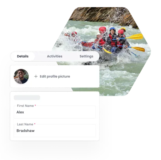 An instructor’s profile open in eola, with their details and activities, over a photo of a raft in rapids
