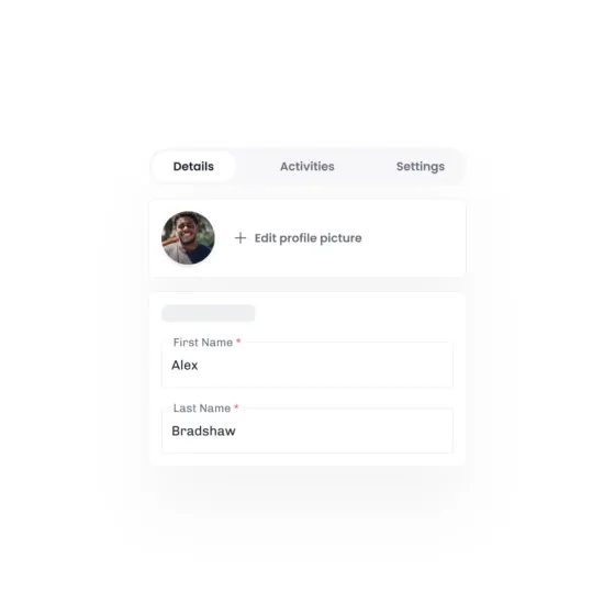 A new instructor’s eola profile, with their photo and name filled in and tabs for details, activities and settings