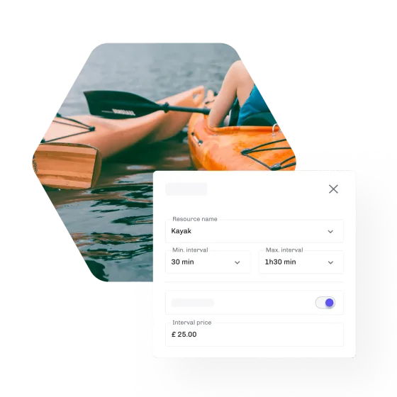 Two kayaks on the water, beside eola’s settings for hiring out a kayak, with its shortest and longest hire and its price