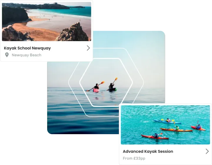 eola’s location and session cards for a kayak school, lifting off a photo of two paddlers on calm open water