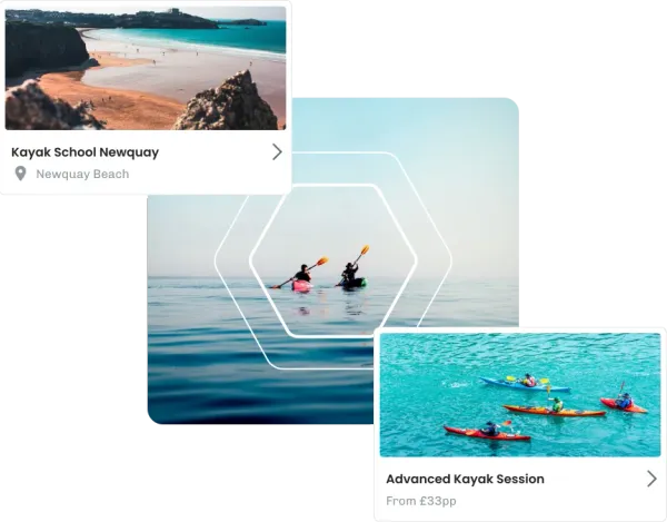 eola’s location and session cards for a kayak school, lifting off a photo of two paddlers on calm open water