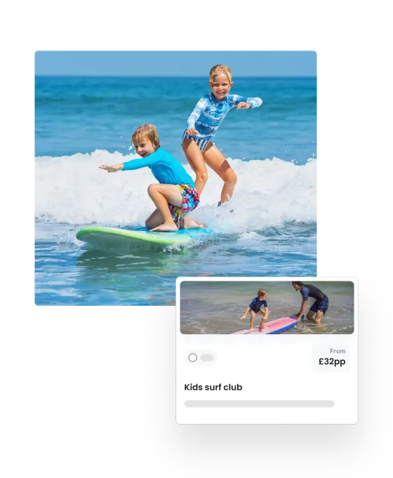 Two children surfing a wave together on one board, beside an eola card for a kids surf club