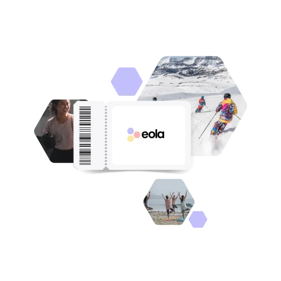 An eola-branded pass with a barcode, framed by hexagon photos of skiers, a yoga group on a beach and a smiling customer