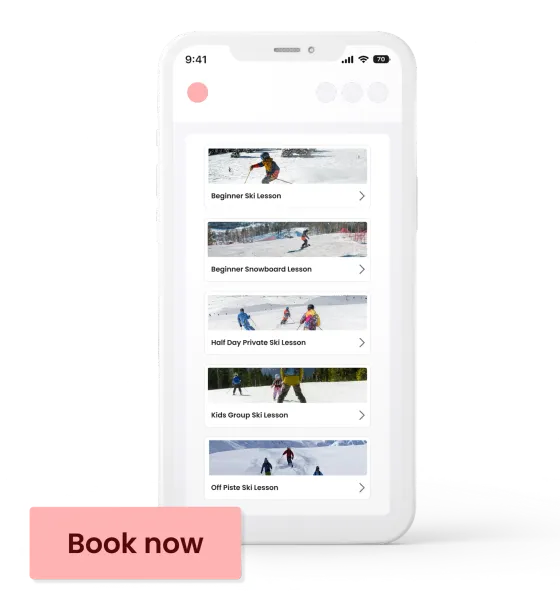 A phone showing eola’s list of bookable ski lessons, from beginner to off-piste, with a book now button