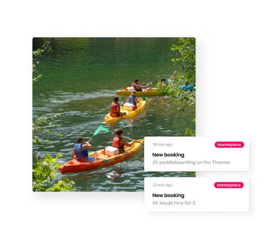 Kayakers on a river, beside two new bookings tagged Marketplace — paddleboarding on the Thames and kayak hire for two