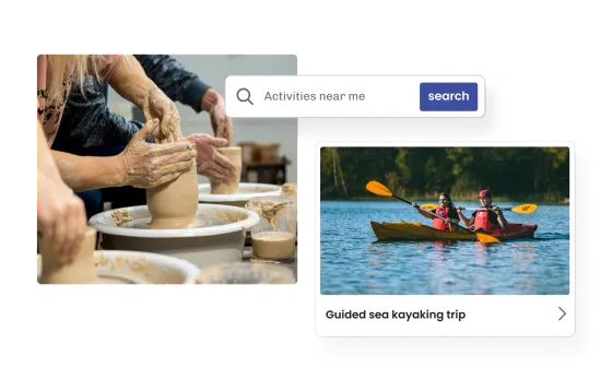 A marketplace search for activities near me, beside a potter at the wheel and a guided sea kayaking trip listing