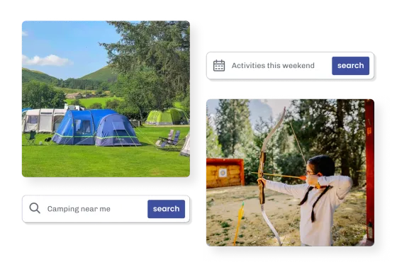 Marketplace searches for camping near me and activities this weekend, with photos of a tent pitch and a child at an archery range