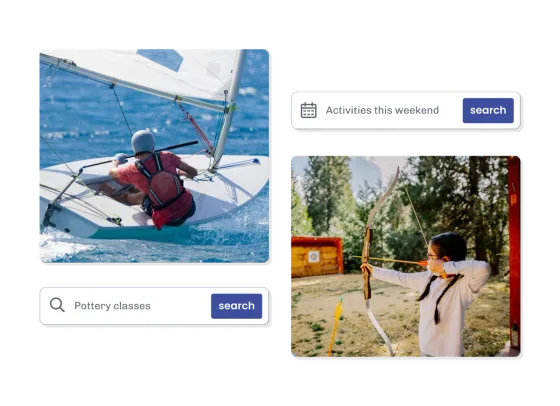 Marketplace searches for pottery classes and activities this weekend, beside photos of sailing and archery