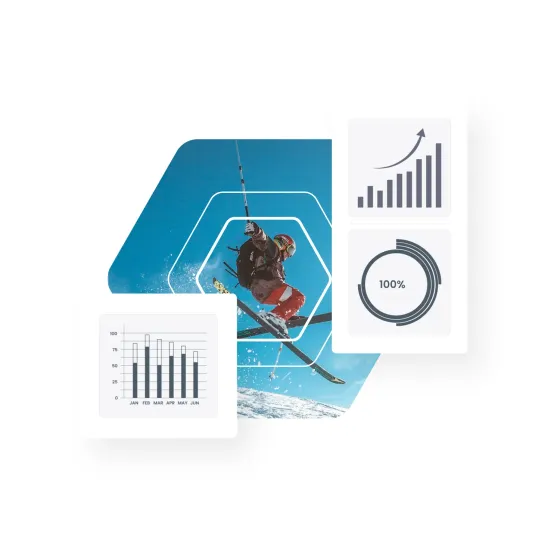A skier mid-jump ringed by member reports — a rising bar chart, a month-by-month breakdown and a 100% dial