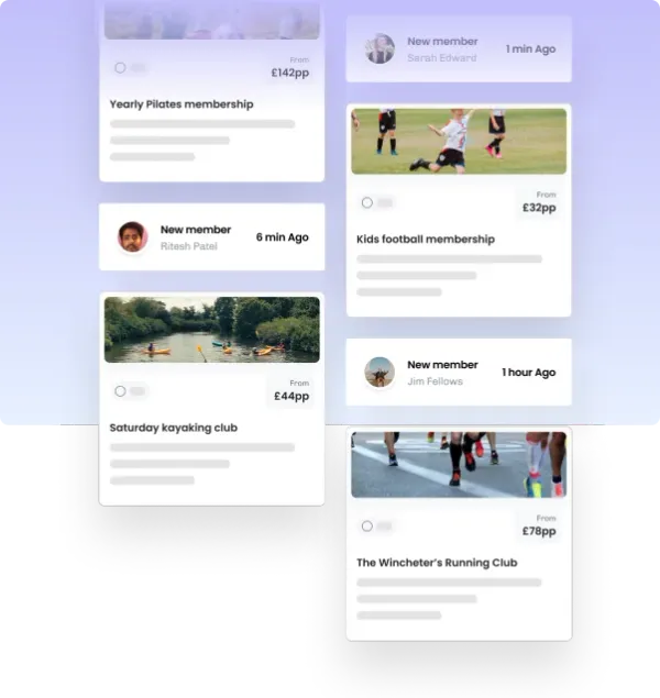 Membership plans for pilates, kids’ football, kayaking and running, with new-member alerts arriving beside them