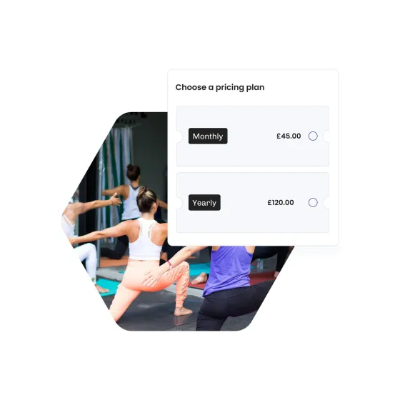 A yoga class behind a pricing card offering the same membership monthly at £45 or yearly at £120