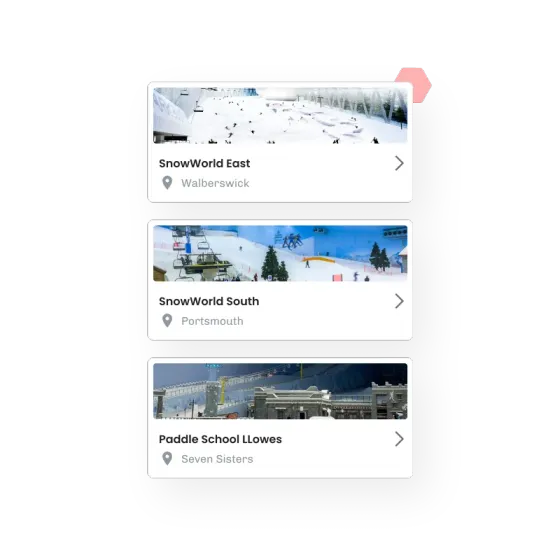 A stacked list of location cards in eola, each with its own photo, name and town