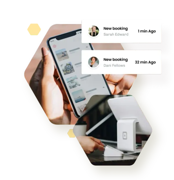 A hand holding a phone showing eola’s activity list, new booking alerts arriving, and a card reader on the front desk