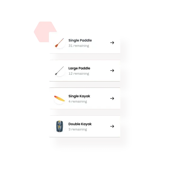 An equipment list in eola counting what is left of the single and large paddles and the single and double kayaks
